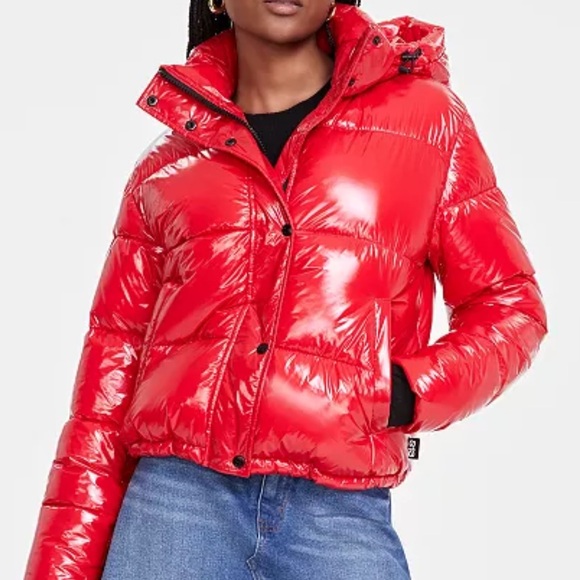 S13 Lexie Hooded Water-Resistant Red Shiny Luxurious Duck Down Puffer Coat SizeL - Picture 1 of 16
